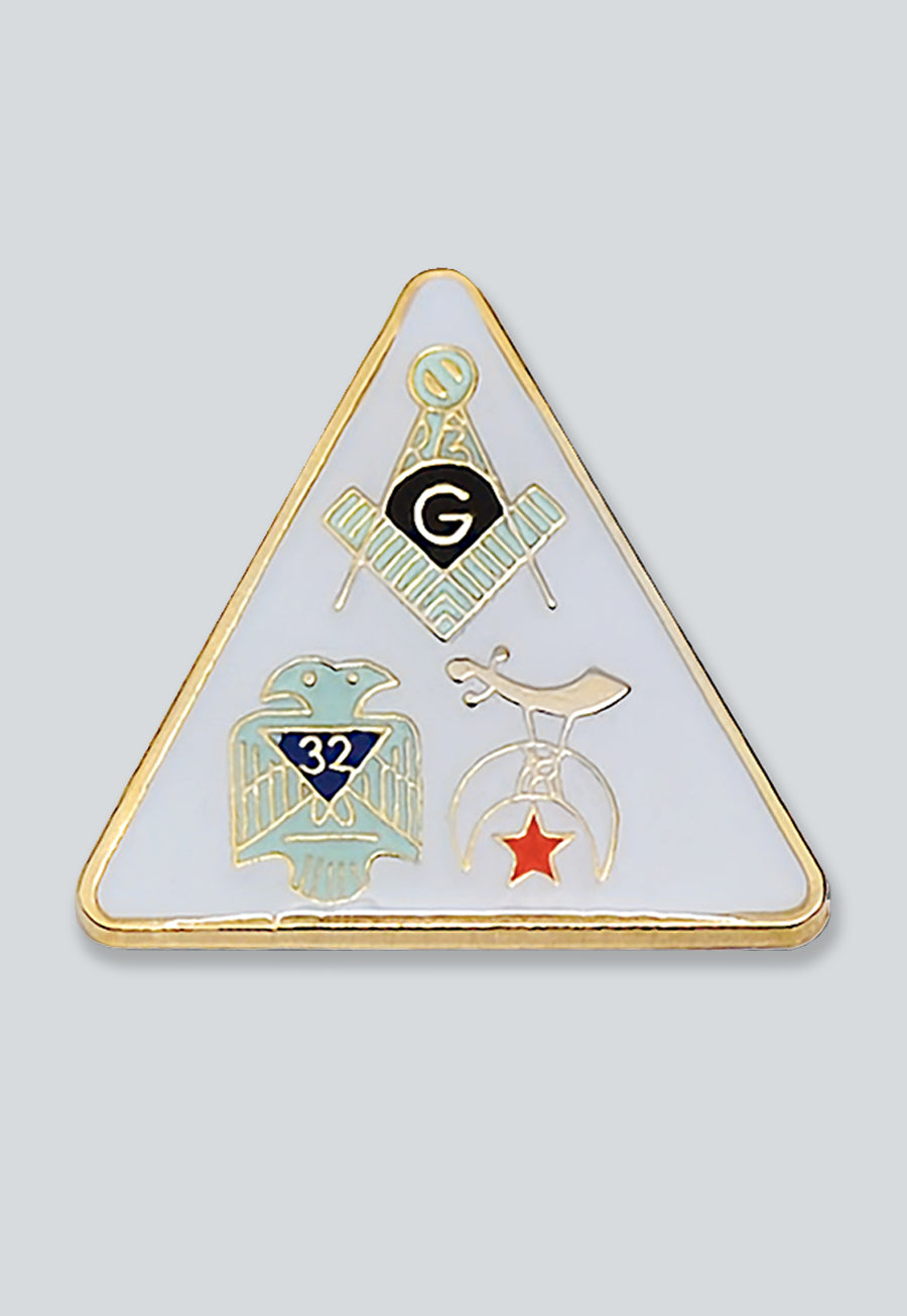 Square & Compass 32nd Degree Shriner Triangle Masonic Lapel Pin - [White & Gold][5/8'' Tall]