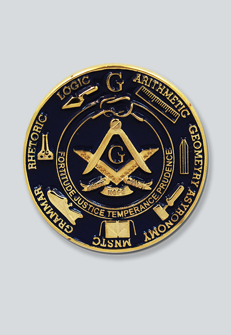Seven Liberal Arts Working Tools Round Masonic Lapel Pin - [Blue &amp; Gold][1'' Diameter]