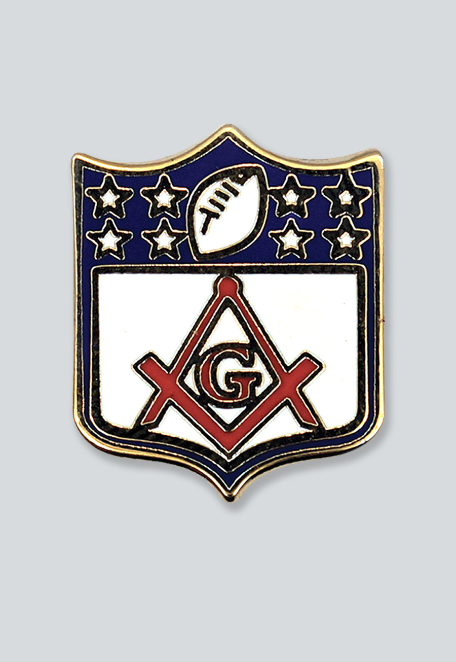 Football Square &amp; Compass Masonic Lapel Pin - [Blue &amp; White][5/8'' Tall]