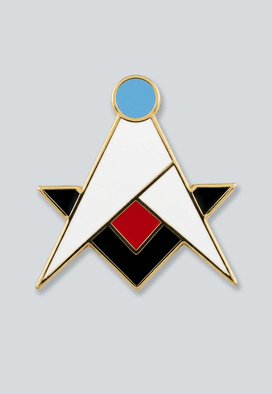 Retro New Age Square &amp; Compass Masonic Lapel Pin - [White &amp; Black][1'' Tall]