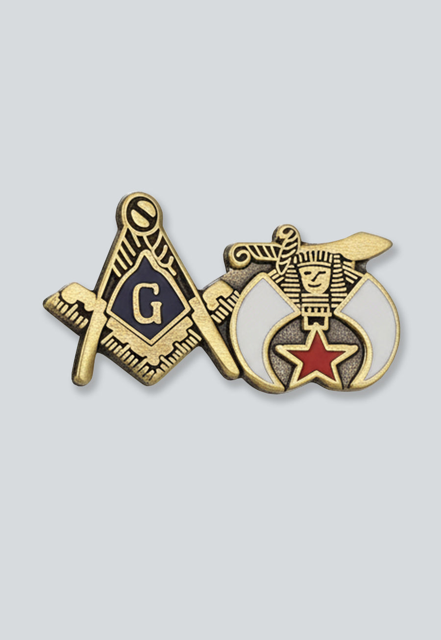 Square &amp; Compass and Shriner Masonic Lapel Pin - [Gold &amp; White][1'' Wide]