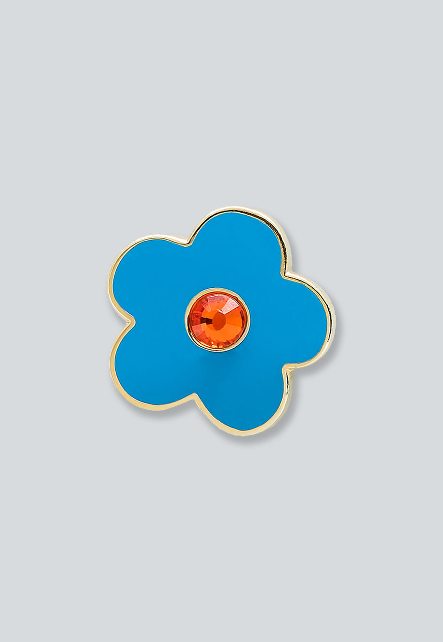Forget Me Not Blue Flower with Rhinestone Lapel Pin - [Blue &amp; Gold][5/8'' Diameter]
