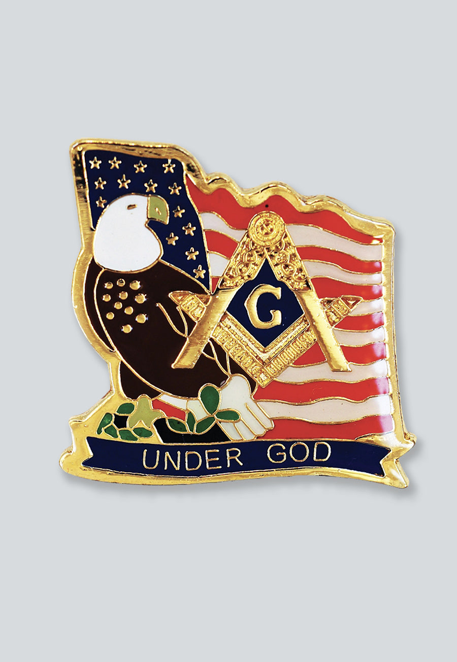 Under God Square &amp; Compass American Flag Eagle Masonic Lapel Pin - [Gold &amp; Red][1 1/8'' Tall]