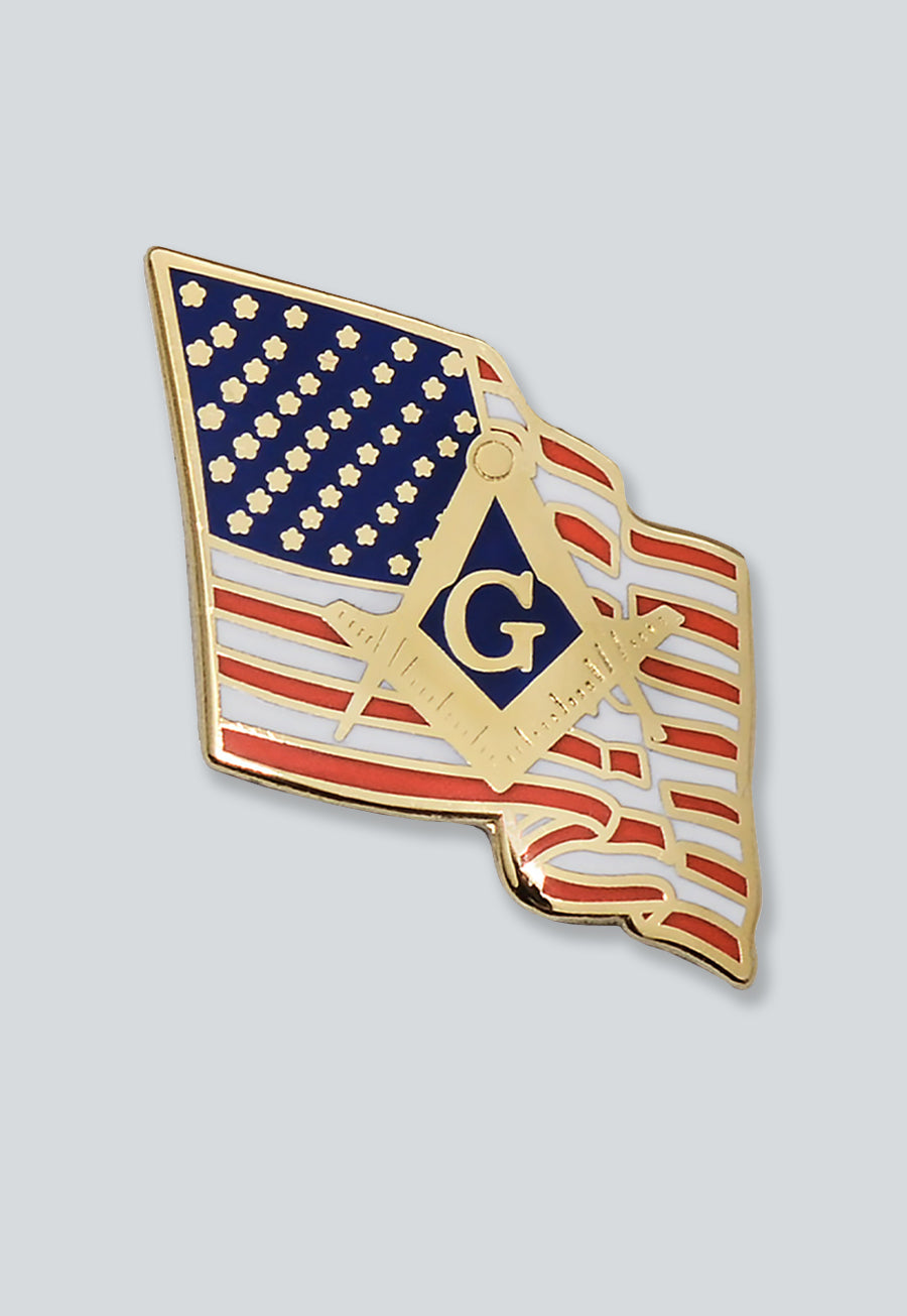 Waving American Flag with Square & Compass Masonic Lapel Pin - [Gold & Red][7/8'' Tall]