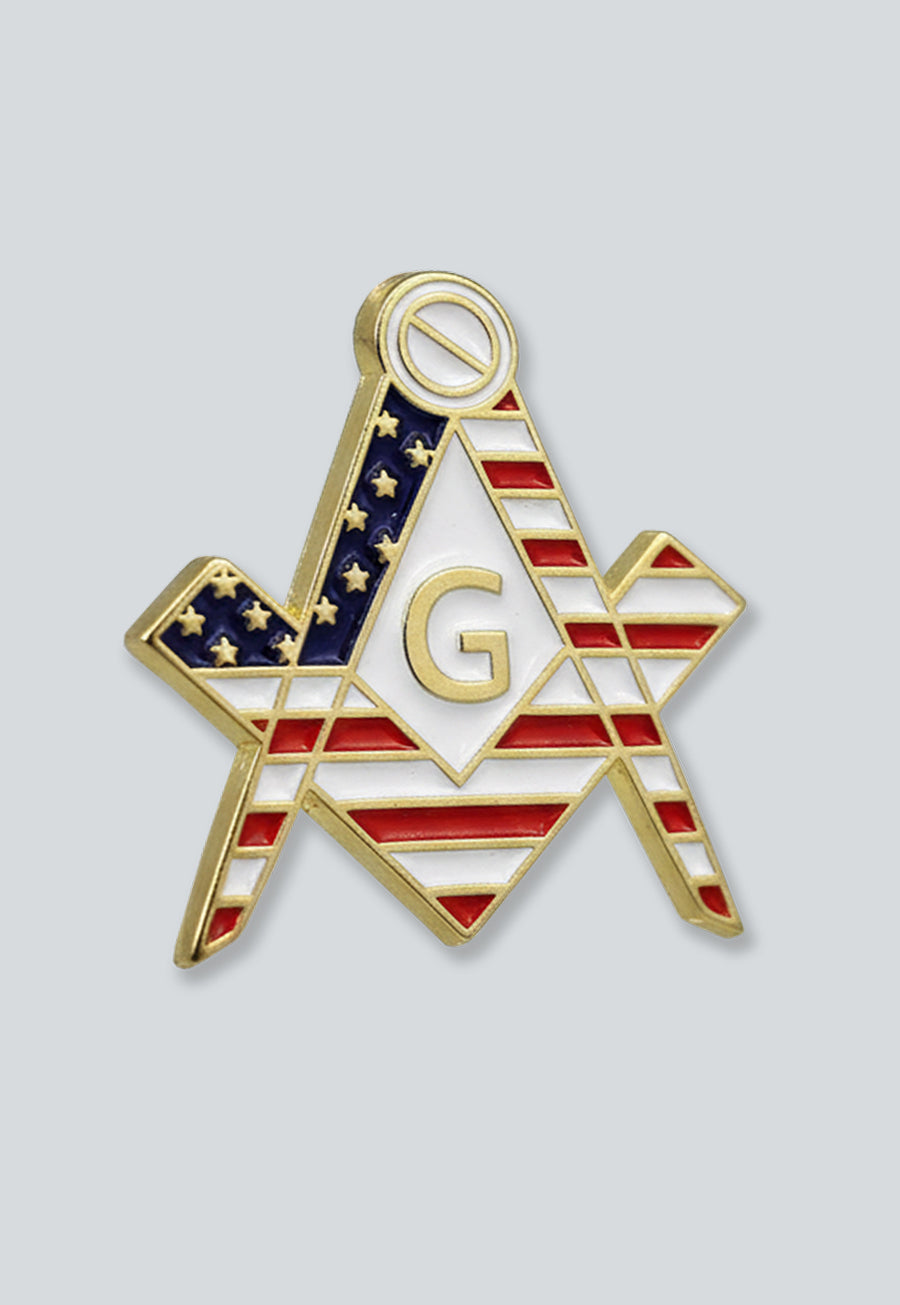 American Flag Square & Compass Masonic Lapel Pin - [White & Red][3/4'' Tall]