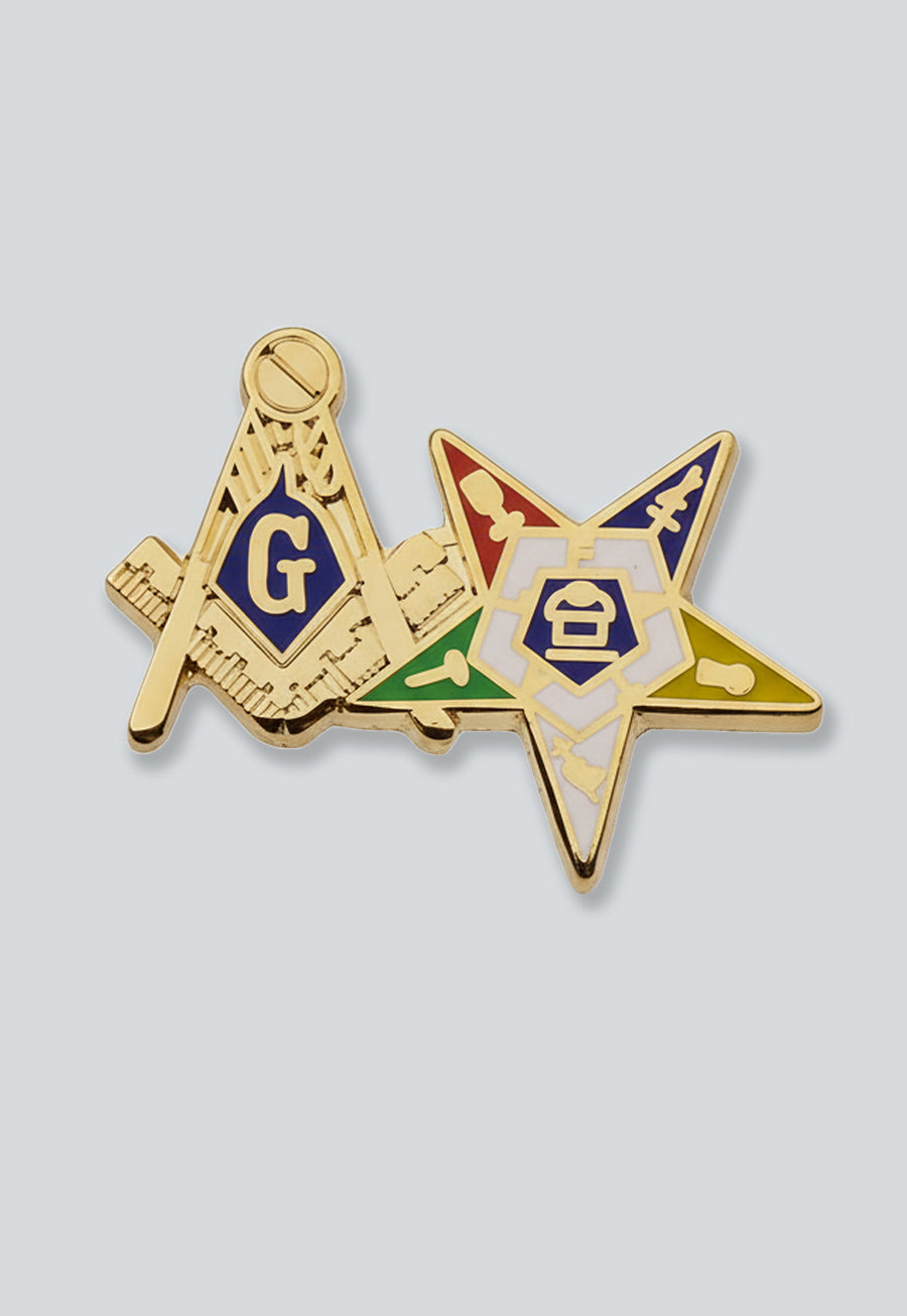 Square & Compass and Order of the Eastern Star Masonic Lapel Pin - [Gold & Blue][1'' Wide]