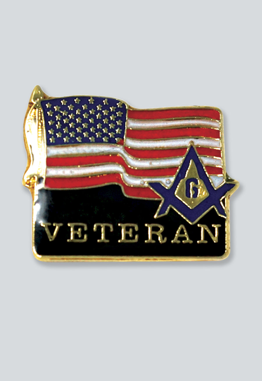 Veteran Square &amp; Compass American Flag Masonic Lapel Pin - [Gold &amp; Black][5/8'' Wide]