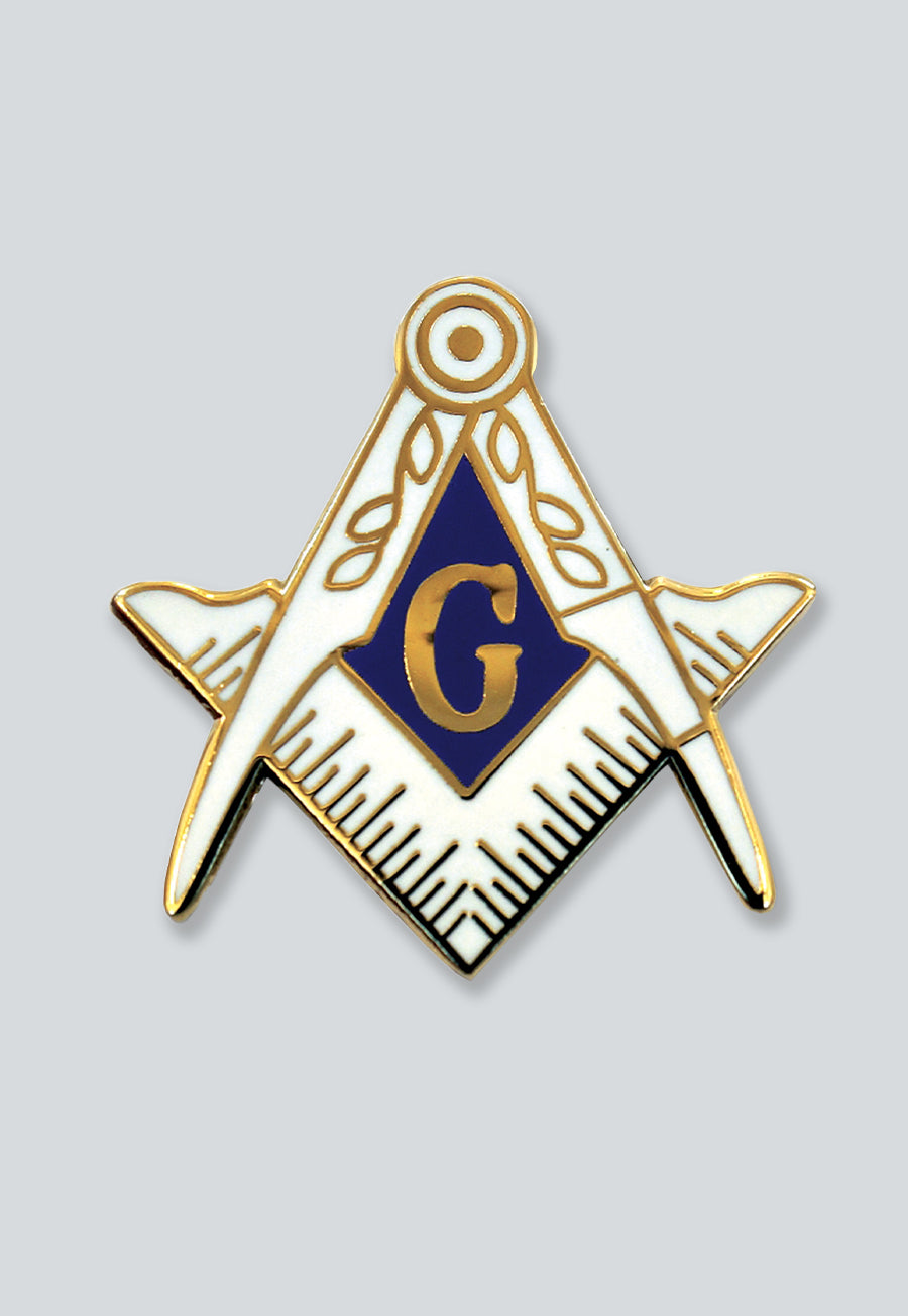 Square &amp; Compass Masonic Lapel Pin - [White &amp; Gold][1'' Tall]
