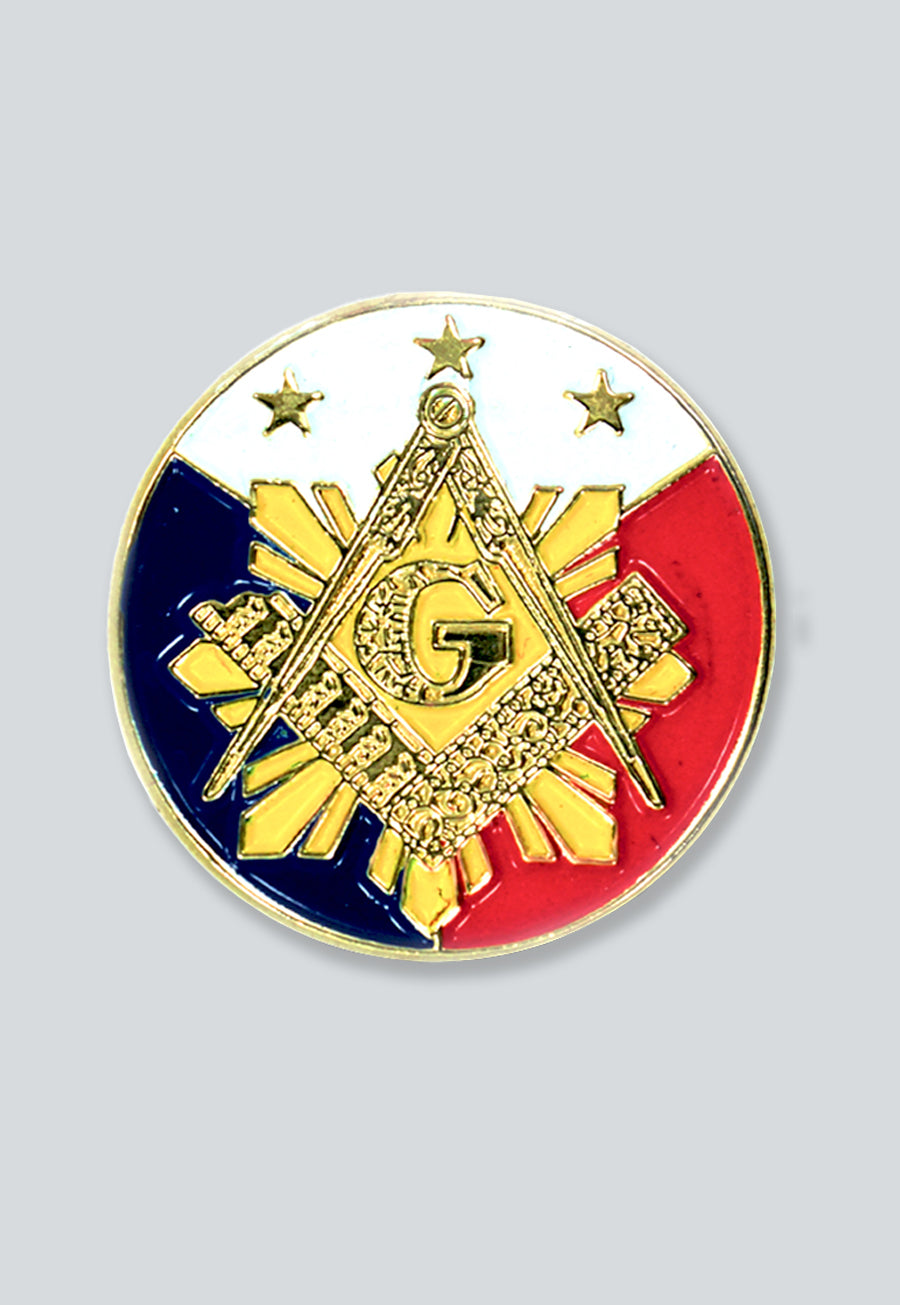 Sunburst Square &amp; Compass Round Masonic Lapel Pin - [Red White Blue][1'' Diameter]