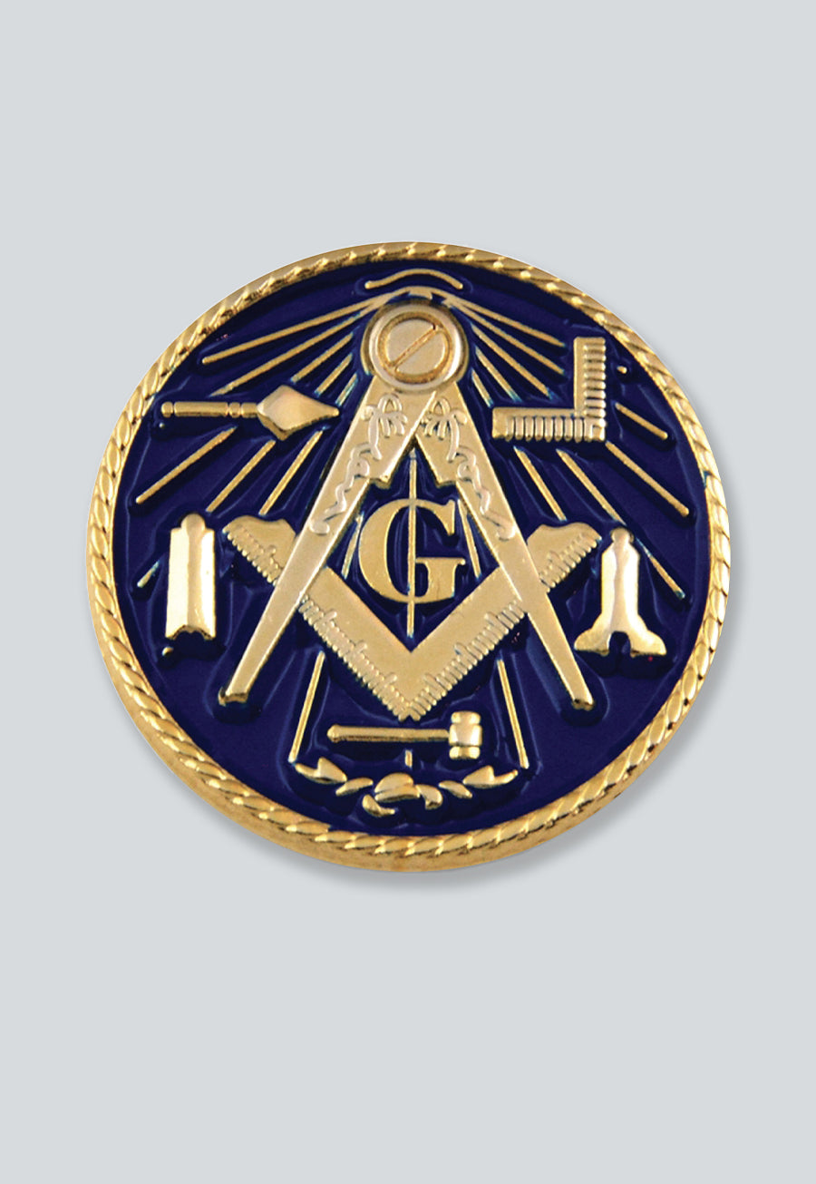 Working Tools Square &amp; Compass Round Masonic Lapel Pin - [Blue &amp; Gold][1'' Diameter]