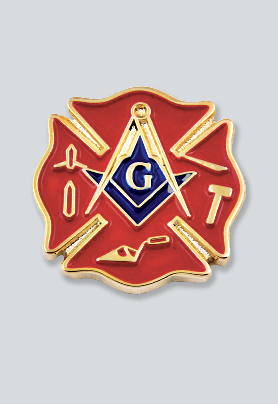 Firefighter Working Tools Square &amp; Compass Masonic Lapel Pin - [Red &amp; Gold][3/4'' Tall]