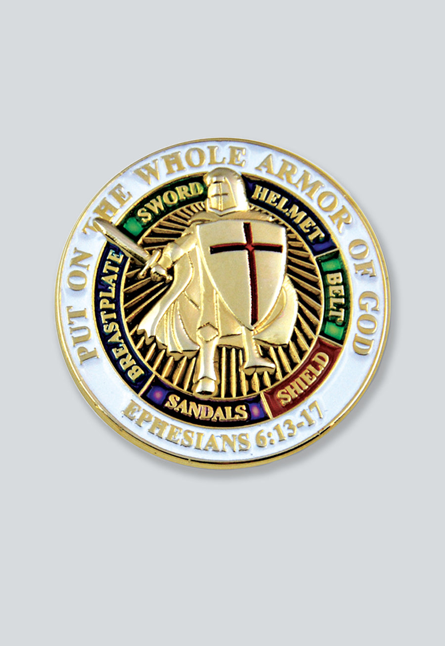 Knights Templar Put on the Whole Armor of God Round Masonic Lapel Pin - [White & Gold][1'' Diameter]