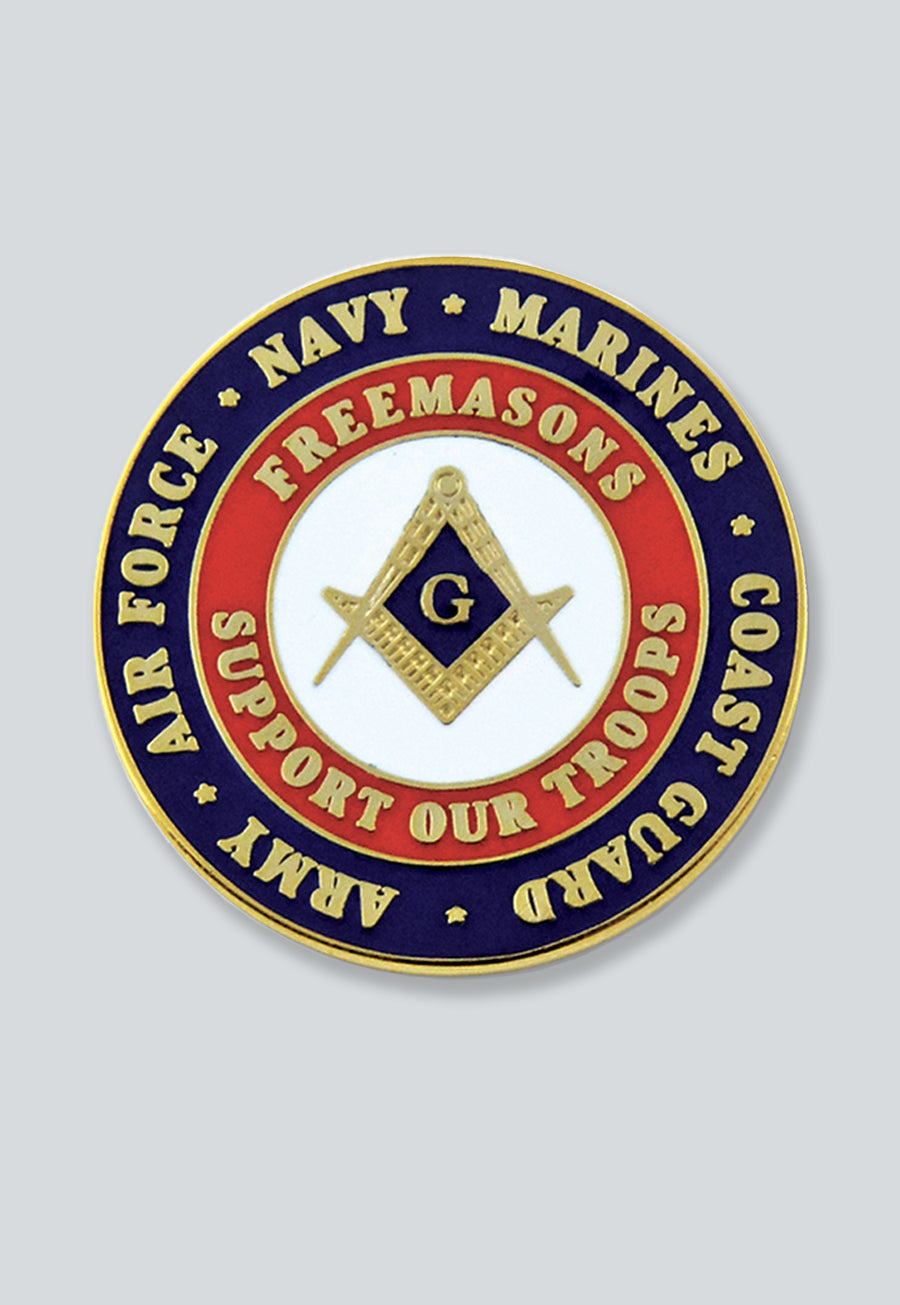 Freemasons Support Our Troops Round Masonic Lapel Pin - [Blue &amp; Red][1'' Diameter]