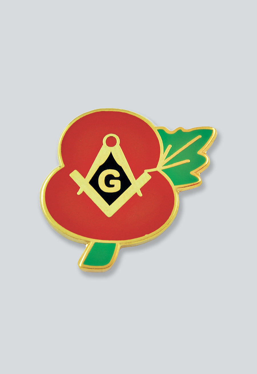 WWII Poppy Flower of Remembrance Lest We Forget Square &amp; Compass Masonic Lapel Pin - [Red &amp; Gold][7/8'' Tall]