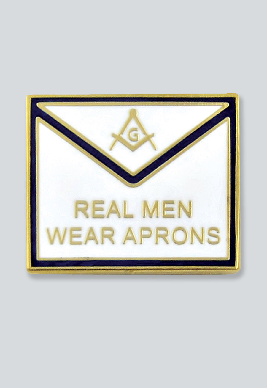 Real Men Wear Aprons Square &amp; Compass Masonic Lapel Pin - [White &amp; Blue][3/4'' Wide]
