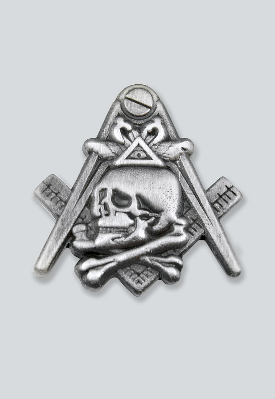 Widow's Son Skull Square &amp; Compass Masonic Lapel Pin - [Antique Silver][1'' Tall]