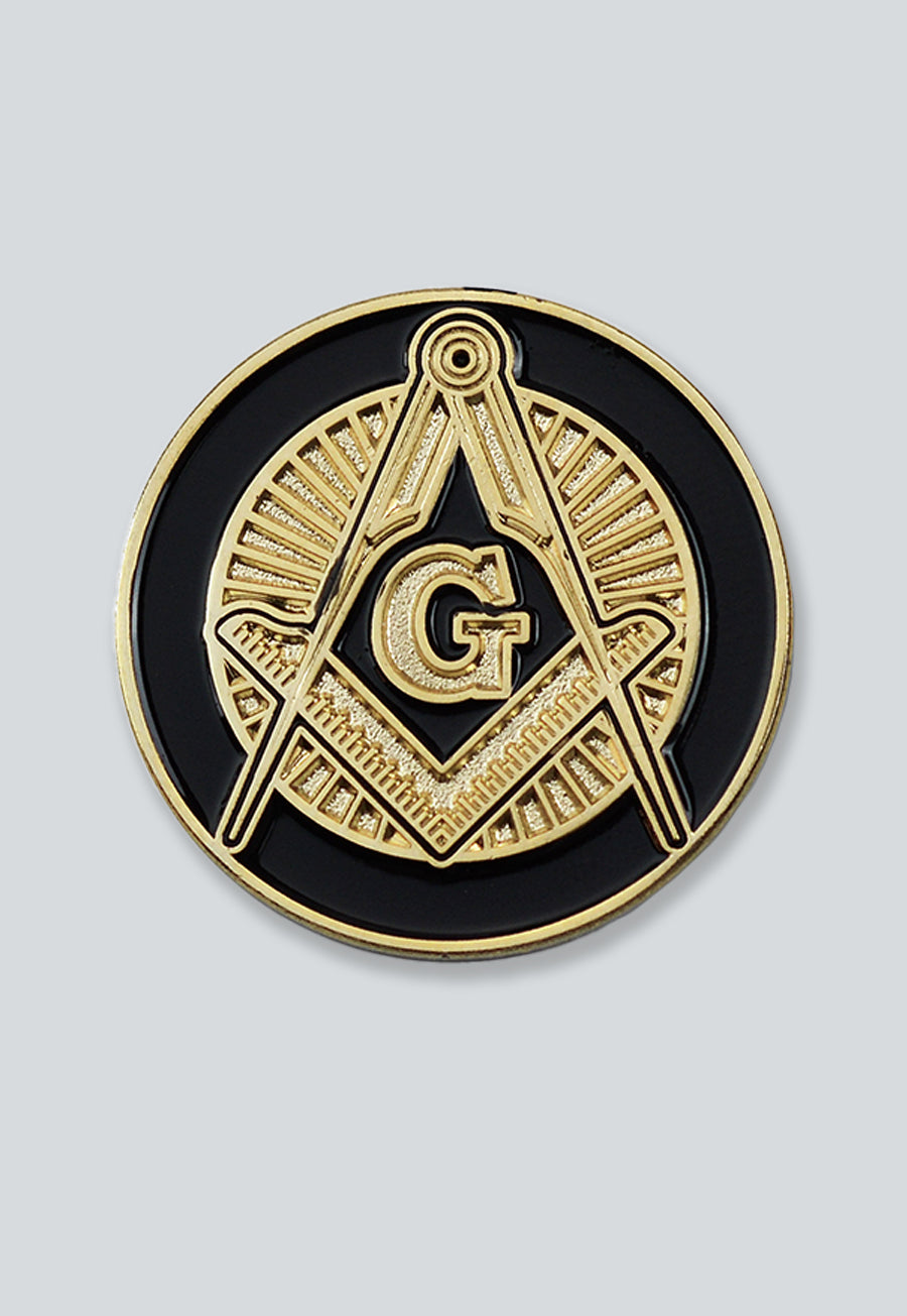 Shining Square &amp; Compass Round Masonic Lapel Pin - [Black &amp; Gold][1'' Diameter]