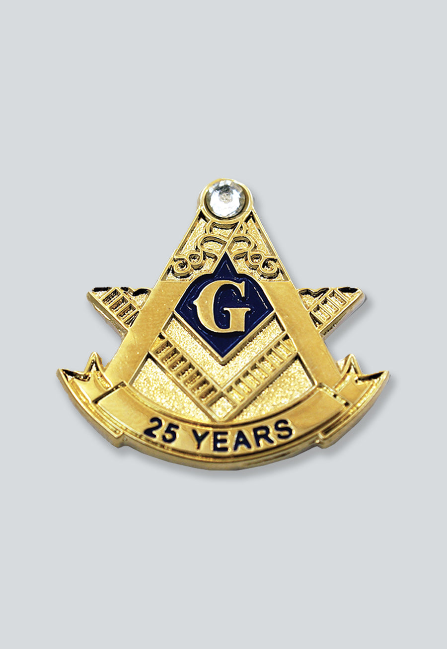25 Years Square & Compass with Rhinestone Masonic Lapel Pin - [Gold & Black][1'' Tall]