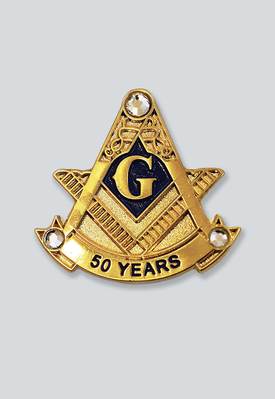 50 Years Square &amp; Compass with Rhinestone Masonic Lapel Pin - [Gold &amp; Black][1'' Tall]
