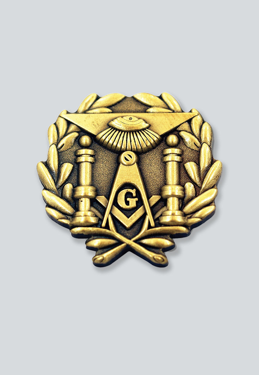 Wreathed Double Column Square &amp; Compass Masonic Lapel Pin - [Antique Brass][1'' Tall]