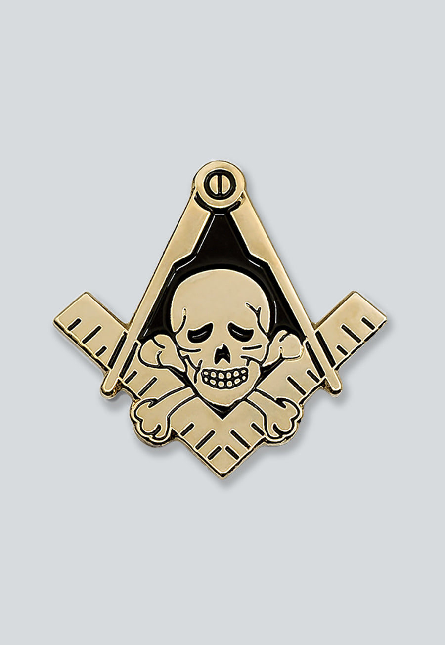 Widow's Son Skull Square &amp; Compass Masonic Lapel Pin - [Gold &amp; Black][1'' Tall]