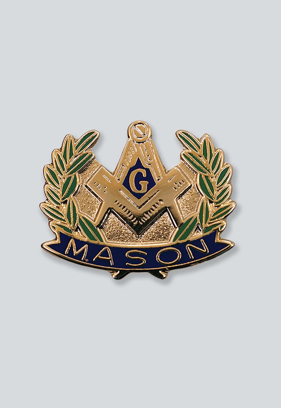 Wreathed Square &amp; Compass Masonic Lapel Pin - [Blue &amp; Green][1'' Wide]