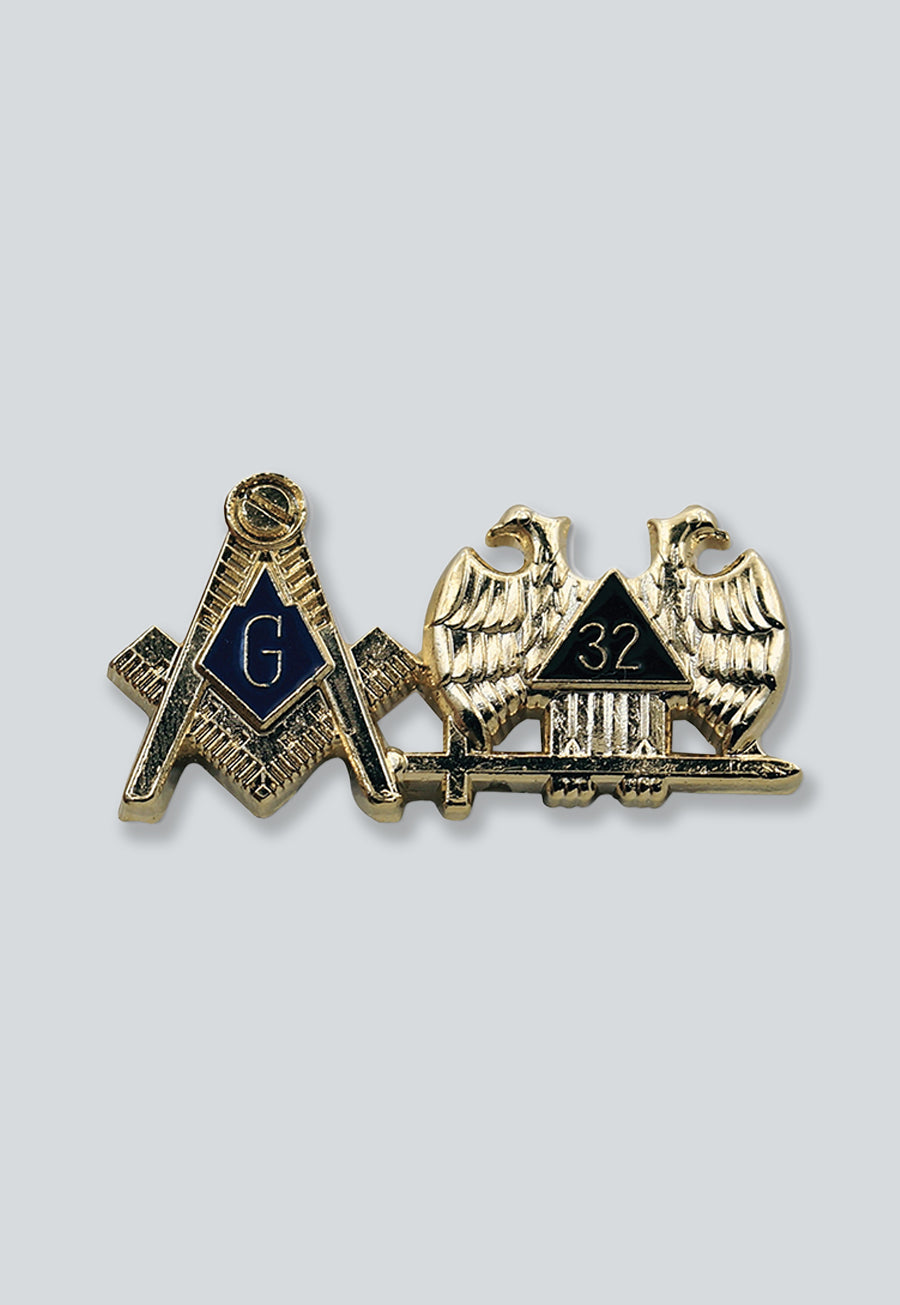 Square &amp; Compass 32nd Degree Scottish Rite Masonic Lapel Pin - [Gold &amp; Blue][1 1/4'' Wide]