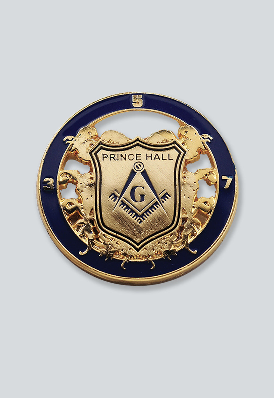 Prince Hall Shield Round Masonic Lapel Pin - [Blue &amp; Gold][1 1/4'' Diameter]