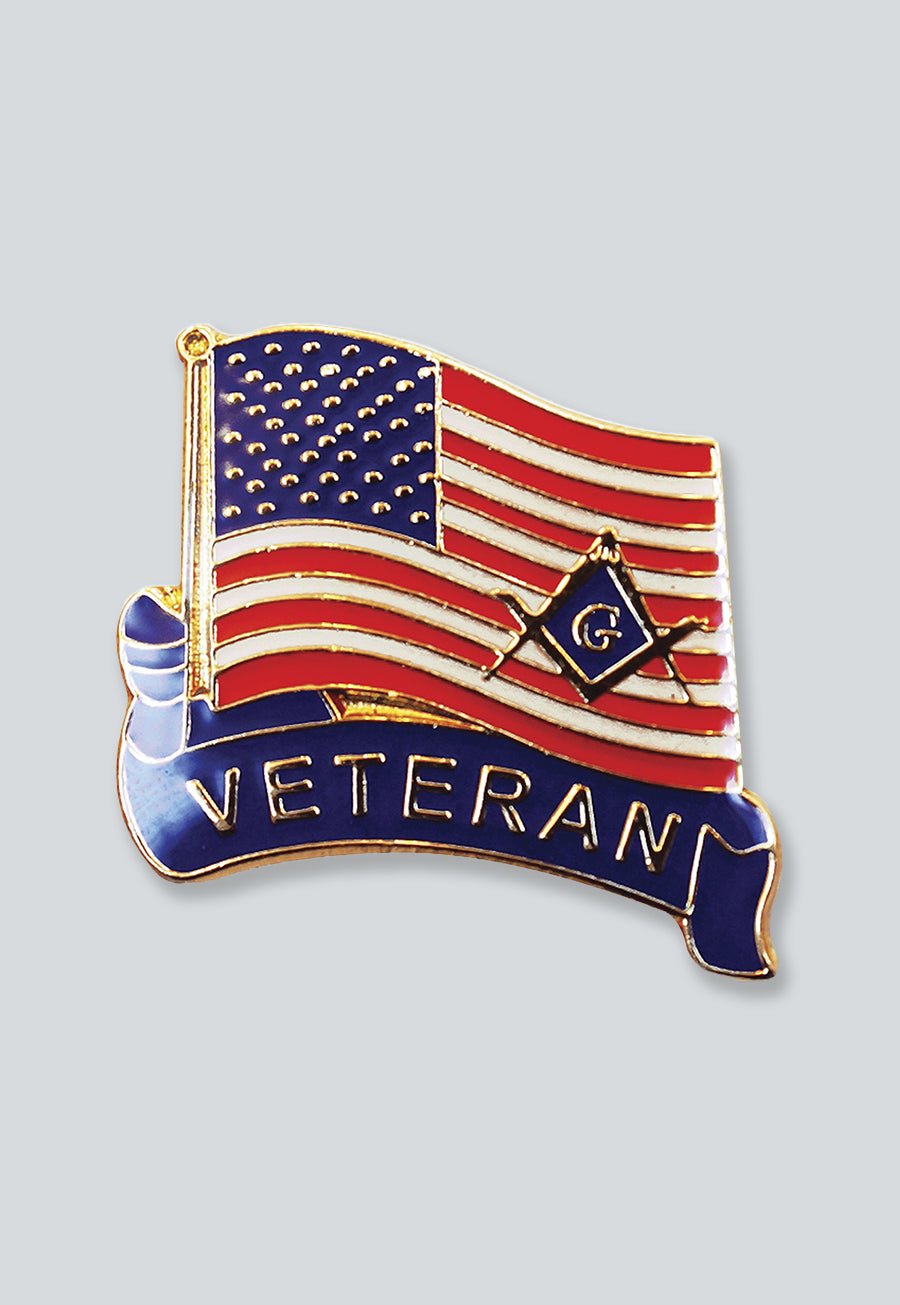 Veteran American Flag Square &amp; Compass Masonic Lapel Pin - [Red &amp; White][1'' Tall]