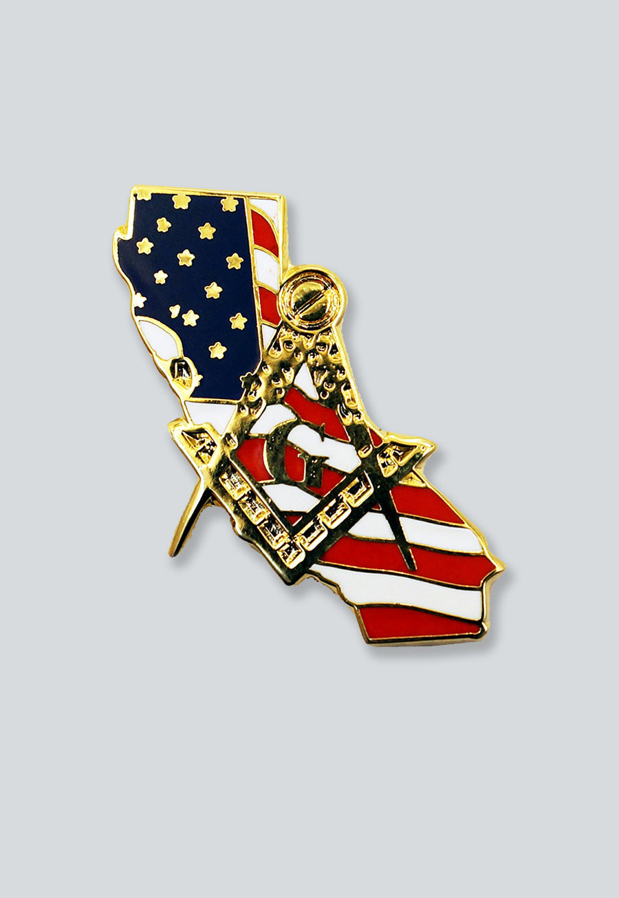 California Mason Square &amp; Compass American Flag Masonic Lapel Pin - [Gold &amp; Red][1'' Tall]