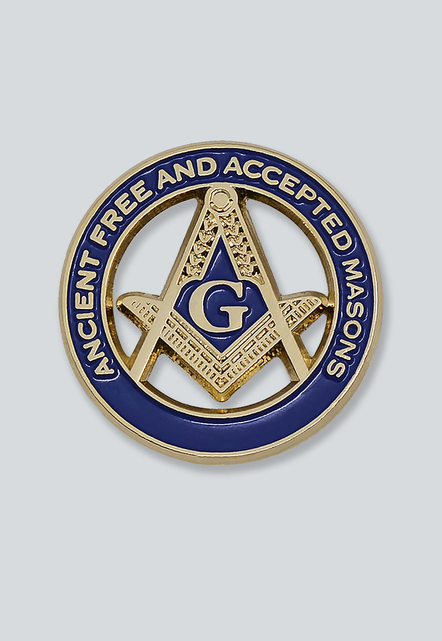 Ancient Free & Accepted Masons Square & Compass Round Masonic Lapel Pin - [Blue & Gold][1'' Diameter]
