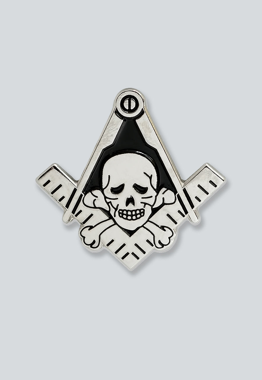 Widow's Son Skull Square & Compass Masonic Lapel Pin - [Silver & Black][1'' Tall]