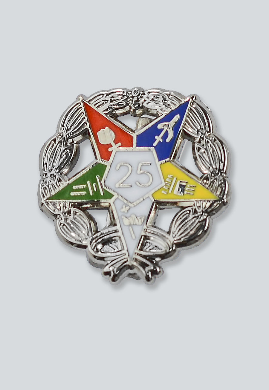 Order of the Eastern Star 25 Year Masonic Lapel Pin - [Silver &amp; White][3/4'' Diameter]