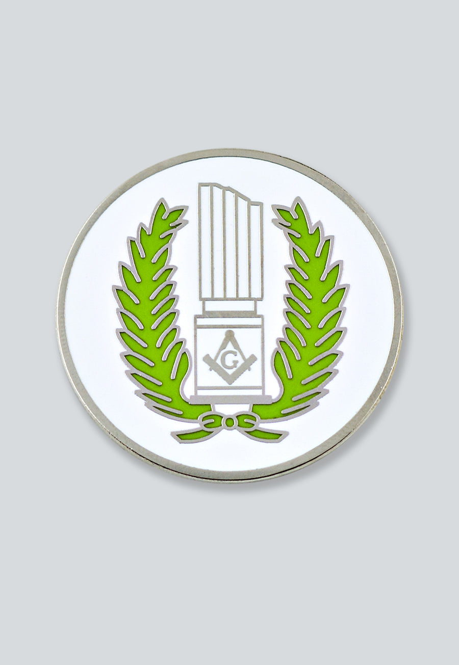 Wreathed Broken Column Masonic Lapel Pin - [White &amp; Green][1 1/4'' Diameter]
