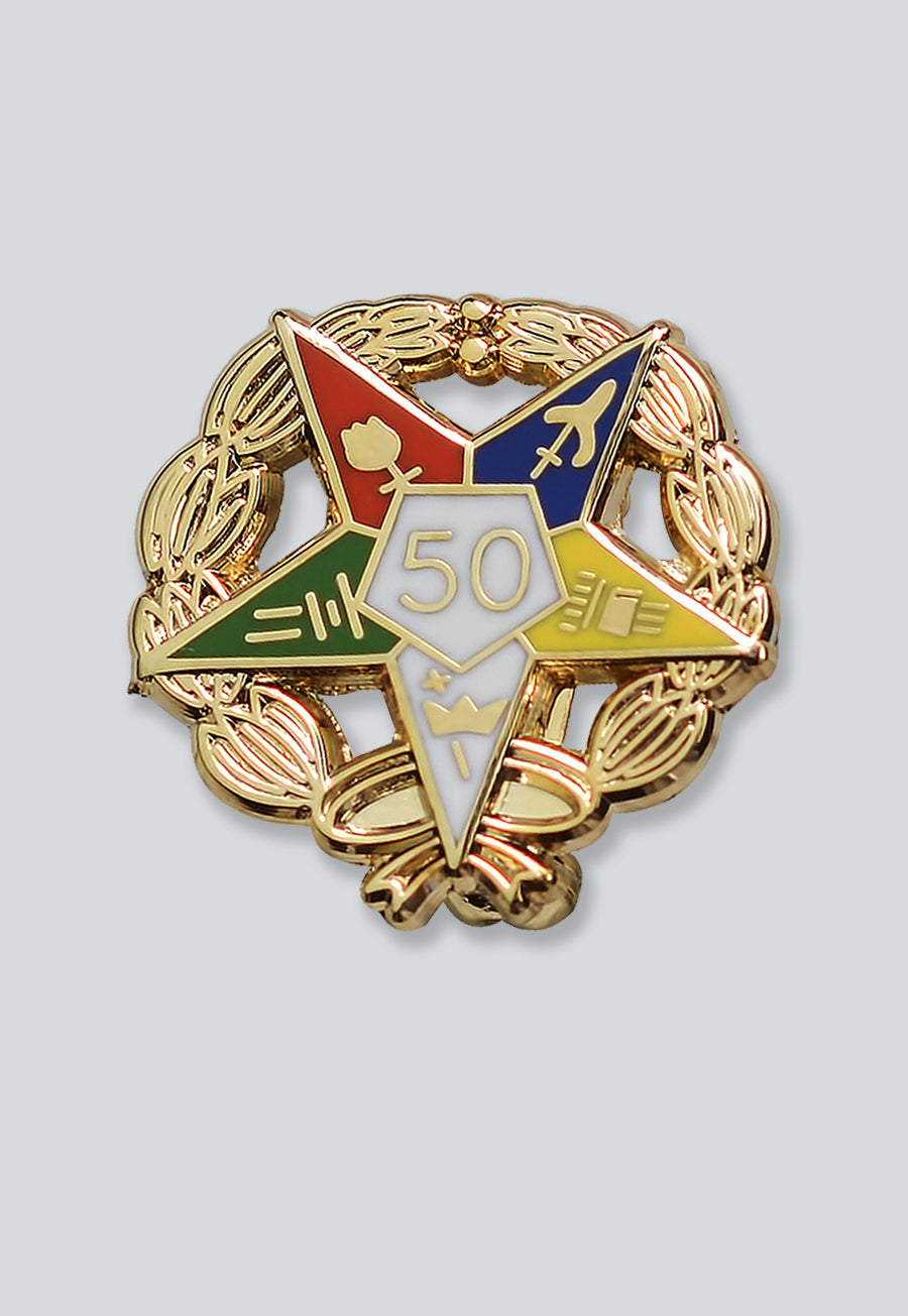 Order of the Eastern Star 50 Year Masonic Lapel Pin - [Gold &amp; White][3/4'' Diameter]