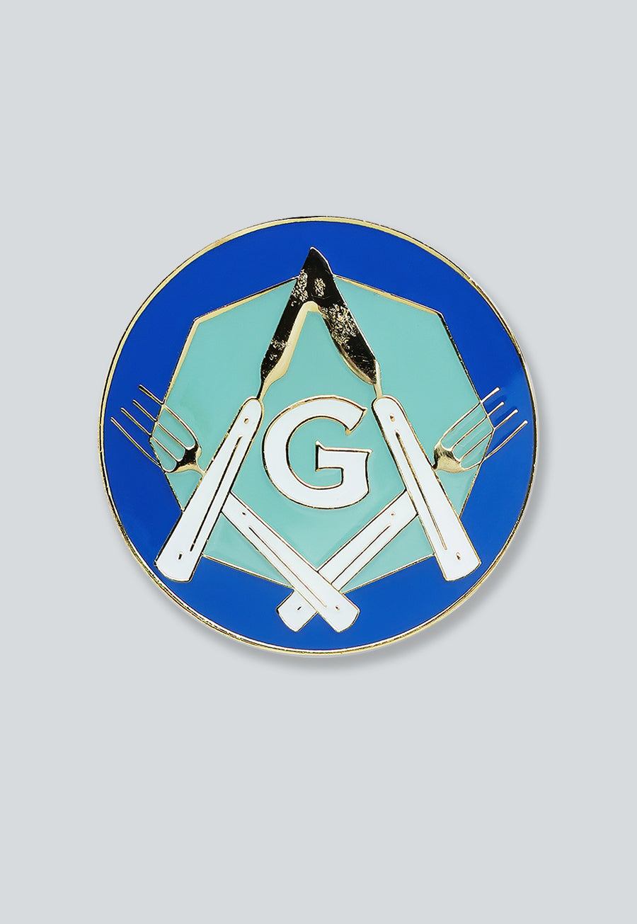 Square &amp; Compass Forks &amp; Knives Masonic Lapel Pin - [Blue &amp; White][1 1/4'' Diameter]