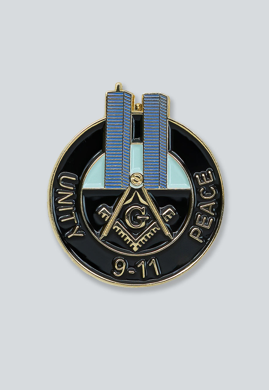 Square &amp; Compass Twin Towers 9-11 Unity Peace Masonic Lapel Pin - [Black &amp; Blue][1 1/8'' Tall]